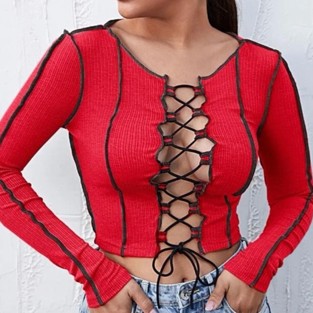 Red Lace Up Long Sleeve Top